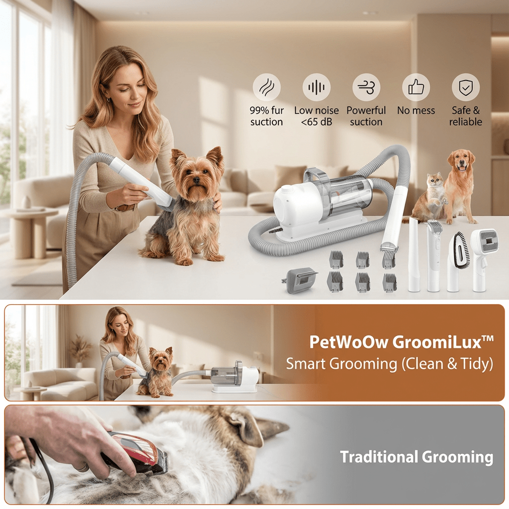 PetWoOw GroomiLux™ 6-in-1 Smart Grooming & Vacuum Set | Ultimate No-Mess Pet Shedding Solution - PetWoOw